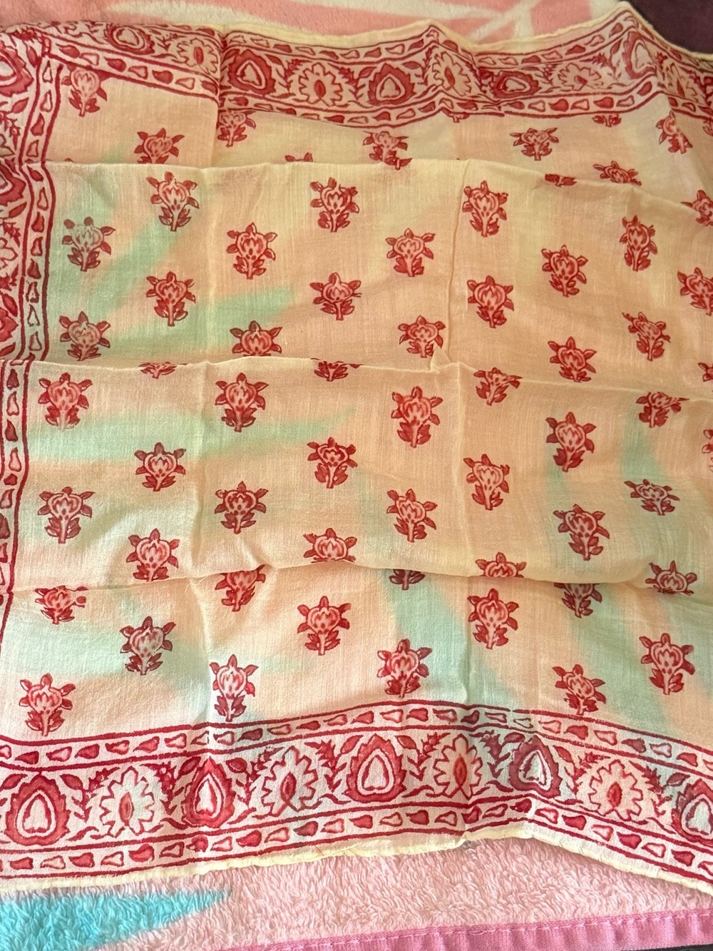 Red Floral Block-Print Cotton Throw in Cream